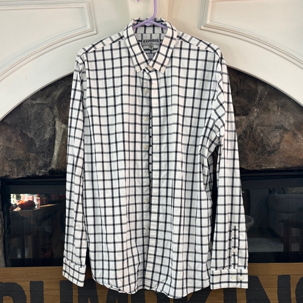 Express Men's Fitted Black and White Grid Shirt size XL 17-17.5